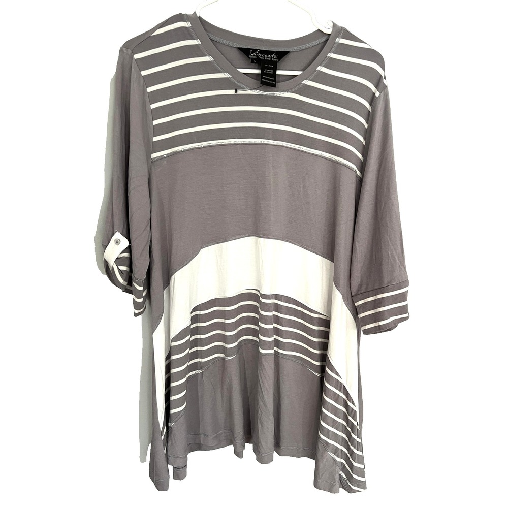 Vincente Tunic Shirt Womens Large Striped Beaded 3/4 Sleeve Modern Flowy Top NWT
